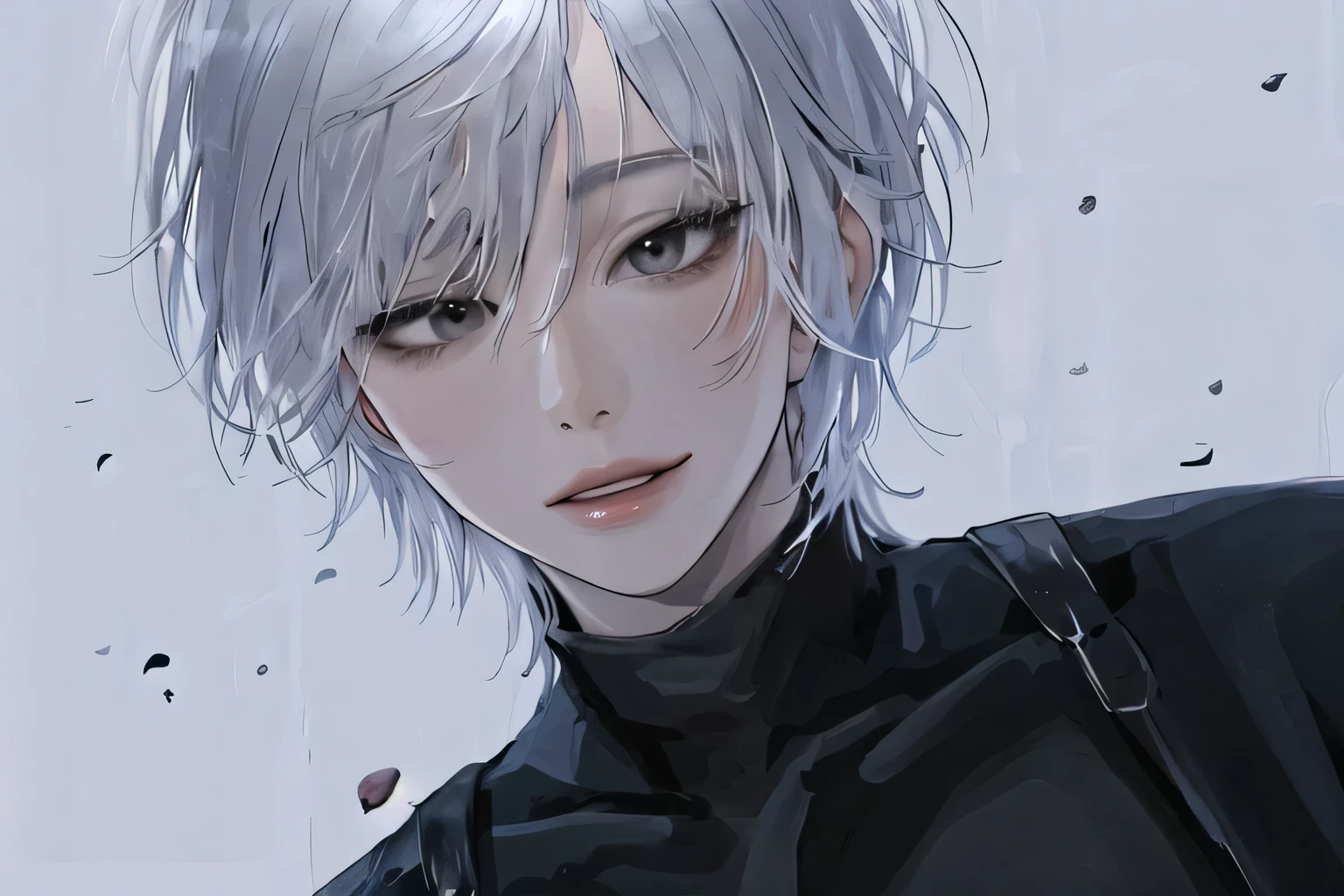 1, portrait, solo,lips, grey eyes, looking at viewer, white hair, short hair, smile. Realist