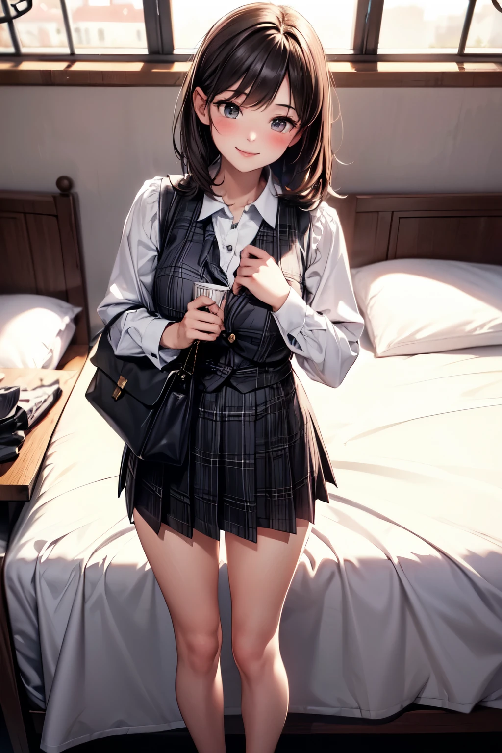 very cute and beautiful girl,(highly detailed beautiful face), standing near bed sheet,detailed legs,plaid vest,long sleeve white blouse, looking at viewer,(smile:1.2),happy,blush,embarrassed BREAK cosmetic bags and fashion bag lie on bed, tight pleated black mini skirt,black hair, antique hotel bedroom,window,distant trees and town,dim light, (best quality,masterpiece),absurdres,highres,ultra-detailed,extremely detailed,32k,8k resolution, intricate details,cinematic scene,detailed background,solo,dynamic angle,realistic,