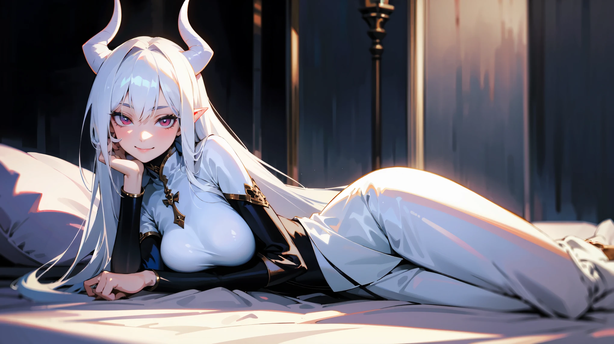 (best quality,highres,masterpiece:1.2),(flatten art:0.7), masterpiece, best quality, 1woman, Anime, darker environment, laying on bed, leaning, white horns, long straight white hair, white ao dai, (minimum clothes:0.9), pale skin, black demon eyes, pointy ear, large breast, enticing, night, dark, looking at viewer, solo, faint moonlight, sadistic smirks, close-up