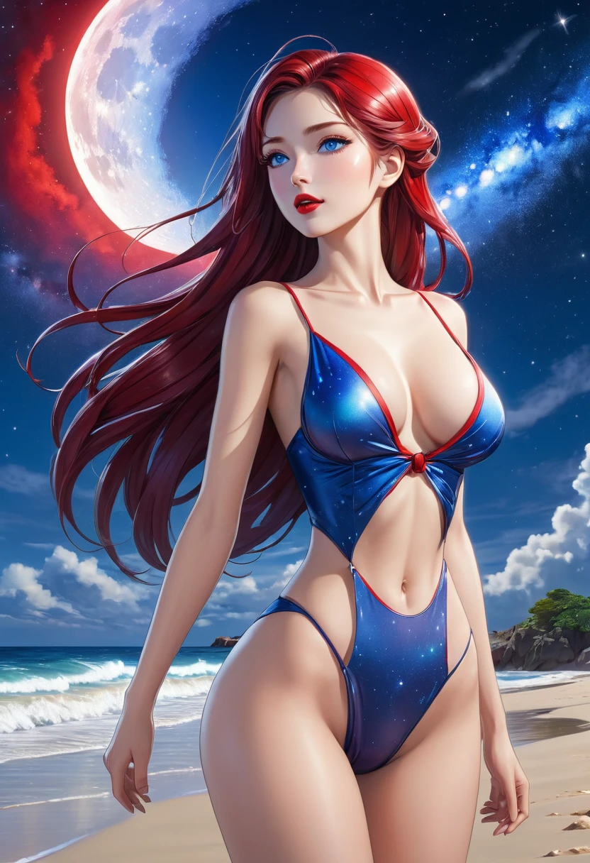 A stunning 8k anime-style illustration of a woman outdoors on a beach. She has long, slender legs and a wide, toned hips, with a tiny waist and a round, well-defined chest. She has a beautiful face with blue eyes, red and plump lips, and long, cascading hair that combines red and blue tones. The full moon and Milky Way fill the sky behind her, creating a captivating backdrop. This artwork is a masterpiece of skill and technique, showcasing the artist's exceptional talent in the anime style. The photo is taken from a downward angle, accentuating the beauty and grace of the woman in this serene setting.