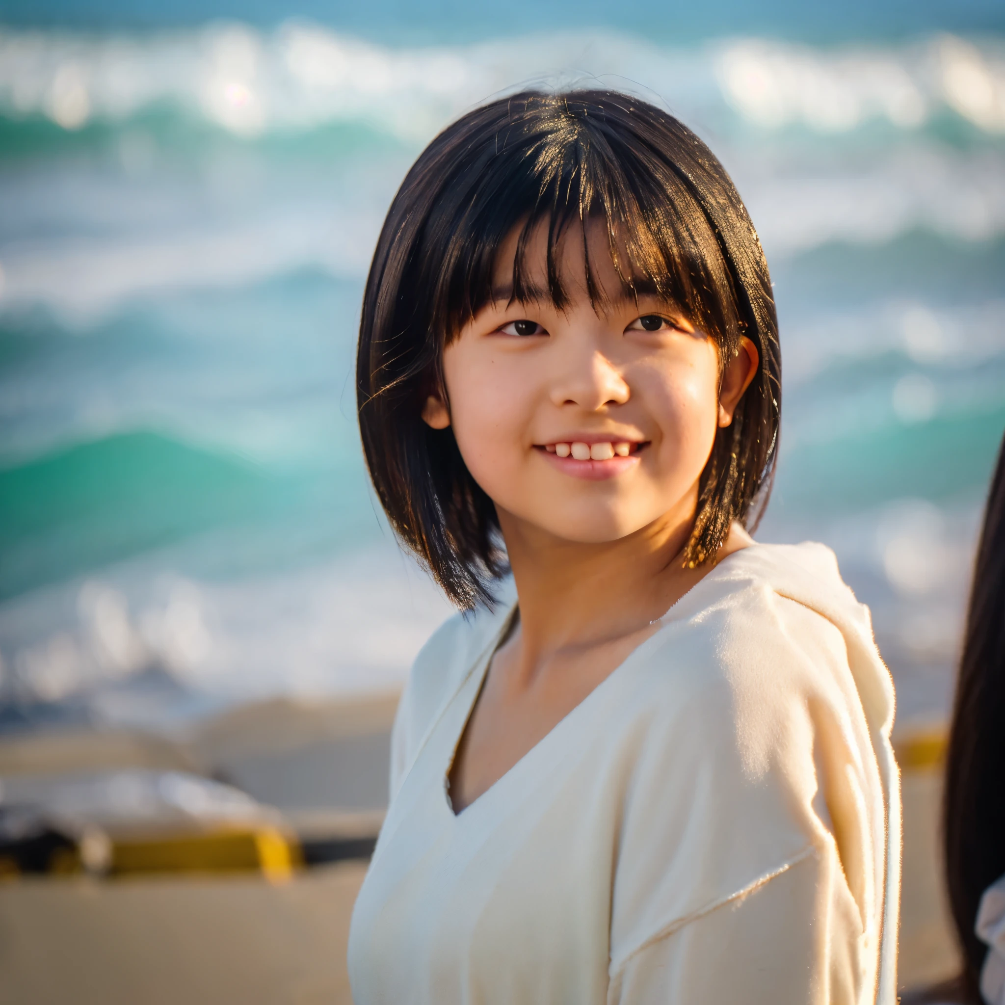 short hair, (sharp focus:1.2), portrait, from front, (((full body))) 15 years old, attractive, (((fat body))), detailed eyes, luscious lips, at (the beach:1.2). depth of field, bokeh, 4K, HDR, sora, open mouth, (smile:0.8),