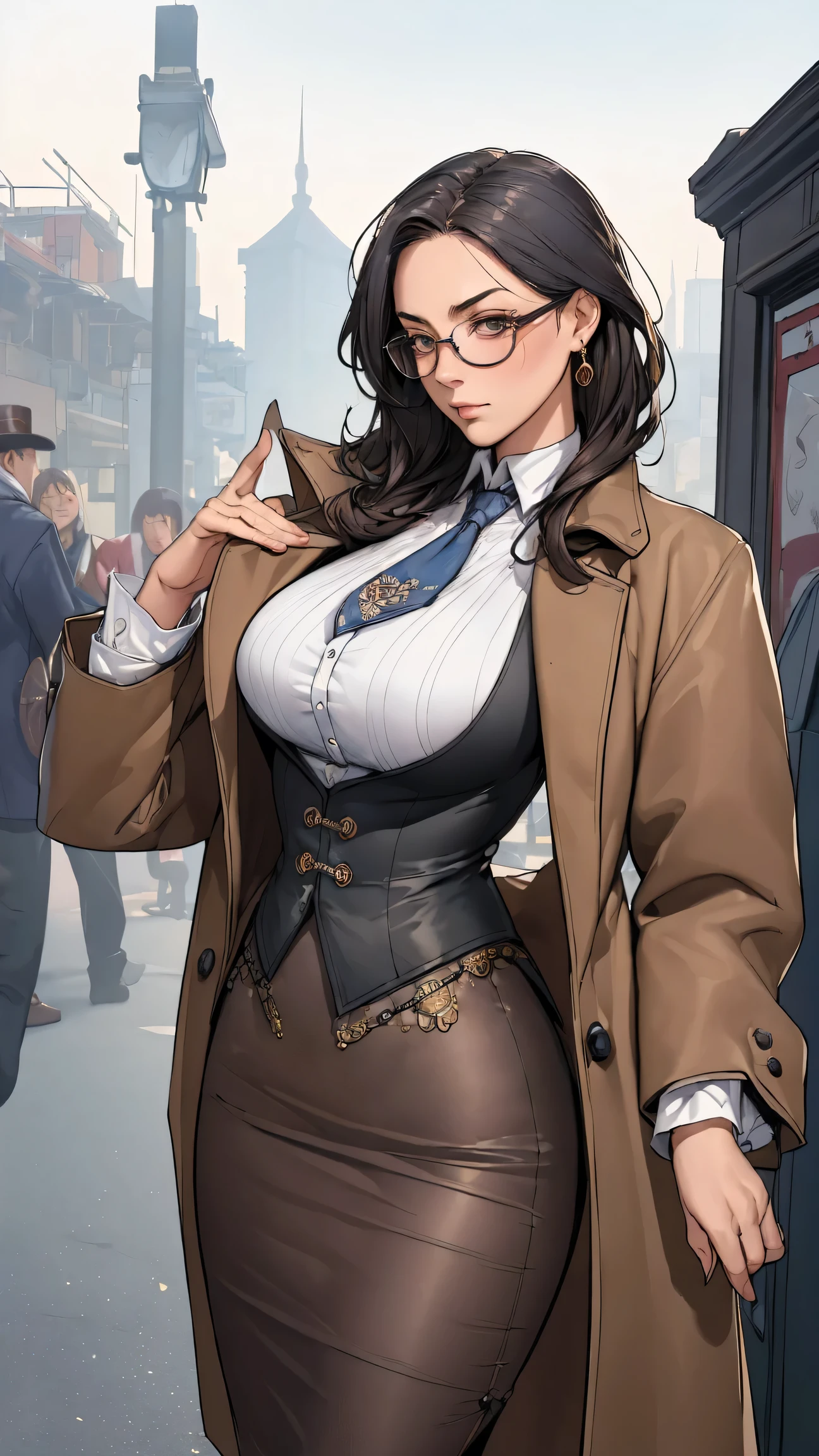 (masterpiece:1.3), (disorganized:1.3), (highest quality:1.3),(perfect anatomy),detailed face,Steam punk, victorian era,Hong kong,Kowloon,horizontal angle,hands,(looking at viewer), (Super detailed:1.3),(best shadow:0.7), solo,1 middle age woman around 40 years old,saggy breast,(treated hair), pulledback hair,fine eyes, beautiful eyes, 1 middle age woman, ((saggy breast)),private detective,alone, standing, crystal earrings,closed_mouth, arm_behind_return, (flock coat,pencil skirt,tie,under rim glasses), rest outdoors, intimidating pose,cowboy shot