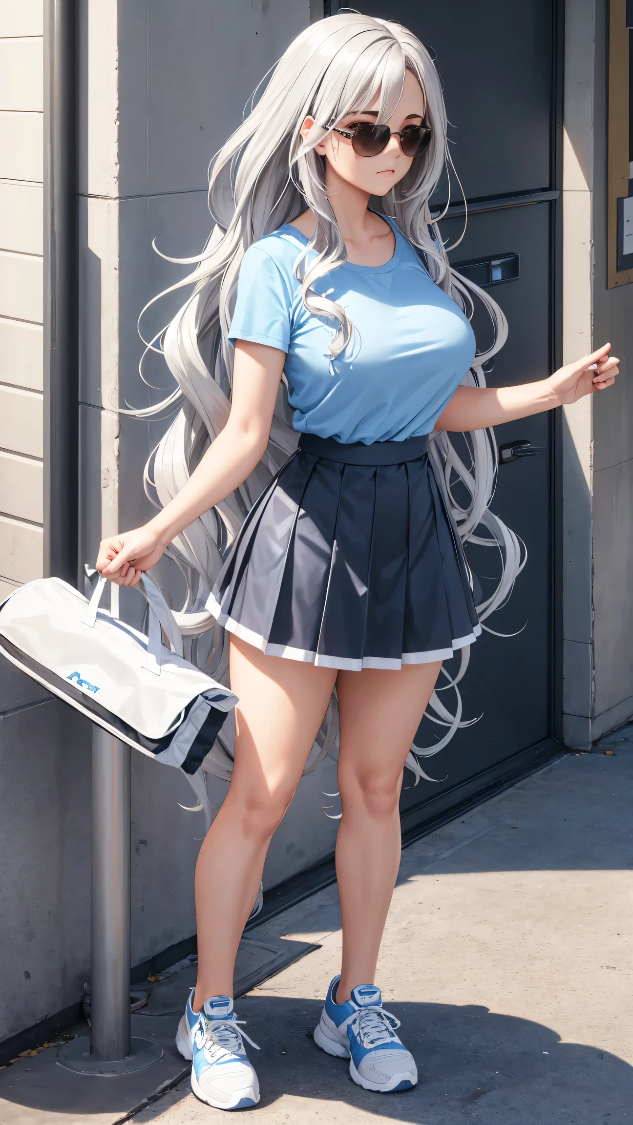 wavy silver hair that cascades to the middle of her back. Brown eyes. Slim and athletic build. She was wearing a skirt in shades of blue, a light blue shirt. He was wearing sports shoes. Very Busty.