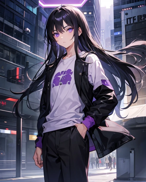 1boy, solo, black hair, long hair, purple eyes, bright eyes, beautiful eyes, casual clothing, stunning