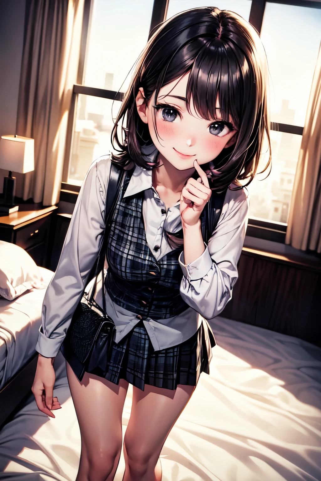 very cute and beautiful girl,(highly detailed beautiful face), standing near bed sheet,detailed legs,plaid vest,long sleeve white blouse, looking at viewer,(smile:1.2),happy,blush,embarrassed BREAK cosmetic bags and fashion bag lie on bed, tight pleated black mini skirt,black hair, antique hotel bedroom,window,distant trees and town,dim light, (best quality,masterpiece),absurdres,highres,ultra-detailed,extremely detailed,32k,8k resolution, intricate details,cinematic scene,detailed background,solo,dynamic angle,realistic,
