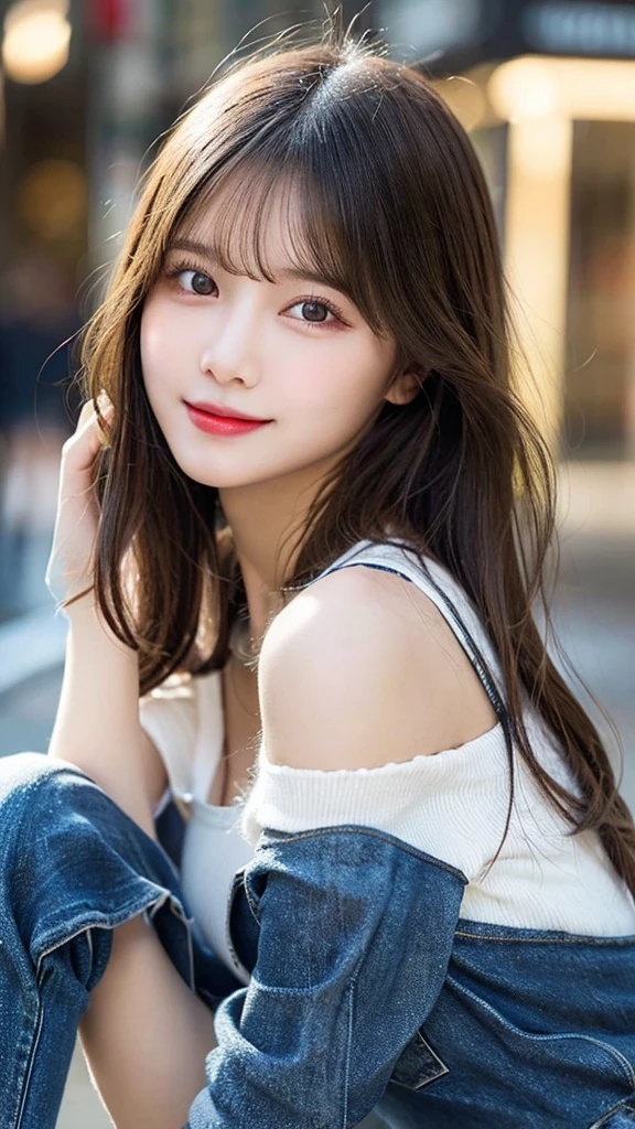 highest quality, shape, Very detailed, finely, High resolution, 8k wallpaper, Perfect dynamic shape, Beautiful and detailed, Summer clothes,Medium Hair,Natural color lip,smile,20-year-old girl、Midnight、Beautiful and elaborate face、Perfect and beautiful face、Slim face and figure,spread your arms wide,Big eyes,Take a photo with your face raised from below your knees、Small face、Beautifully detailed face、Perfect and beautiful double eyelids、Big cleavage、Long, slender legs、One Woman、gravure、Skinny jeans、Watching the audience、Run