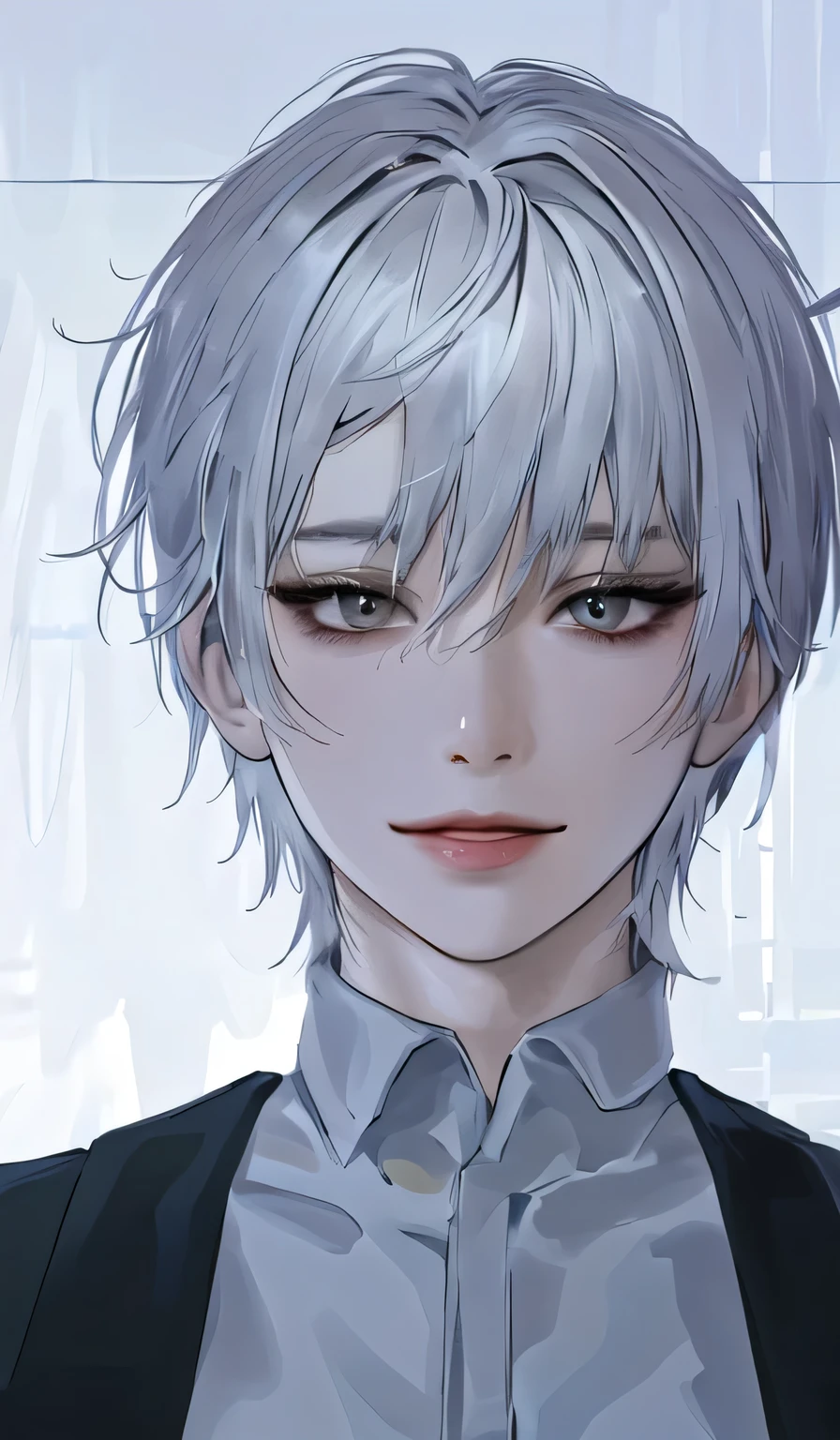 1 , portrait, solo,lips, grey eyes, looking at viewer, white hair, short hair, smile. Realist