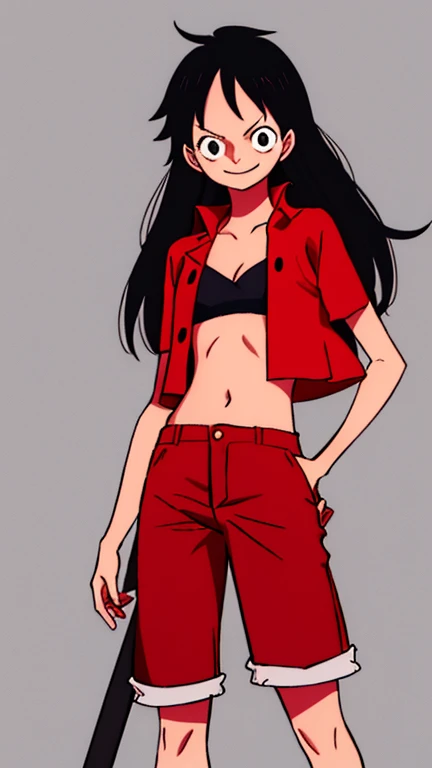 Female version of Monkey D Luffy, 1girl, looking at viewer, black long hair, scar under left eye, wearing a strawhat, black bra, red open shirt, dark blue pants, best quality, masterpiece, extremely detailed, black eyes, smiling, full body, standing, red heels, fiery background