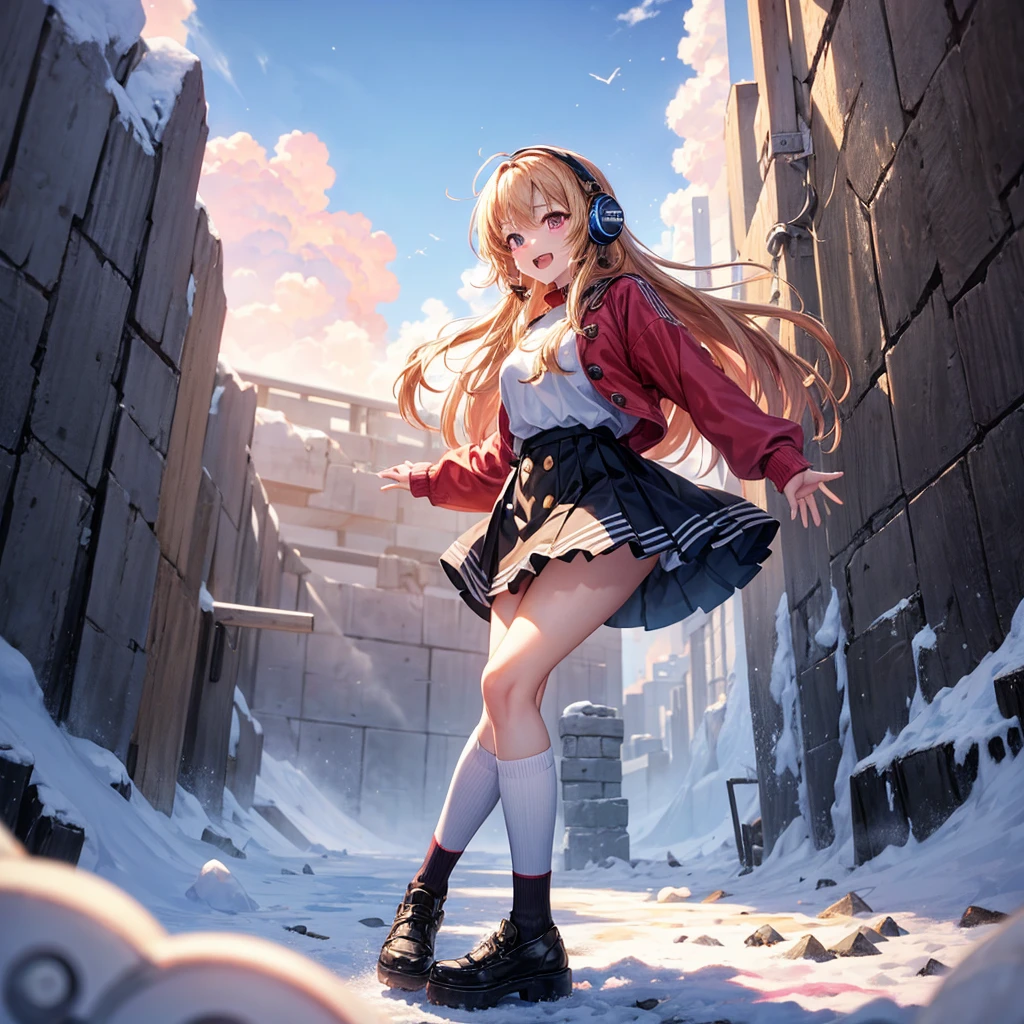 Pink gold golden hair、Red eyes、One good looking girl、solo、anime、Checkered mini skirt、The skirt has buttons、White T-shirt、Long sleeve、China、Black knee-high socks、Wearing headphones、Wearing a ribbon、Ribbon on waist、Tilting face、Teeth are visible、tunnel、Sunset sky、The rocks are exploding、Penguins are walking、Snow is piled up、Rocky Mountain、The clouds are breaking through