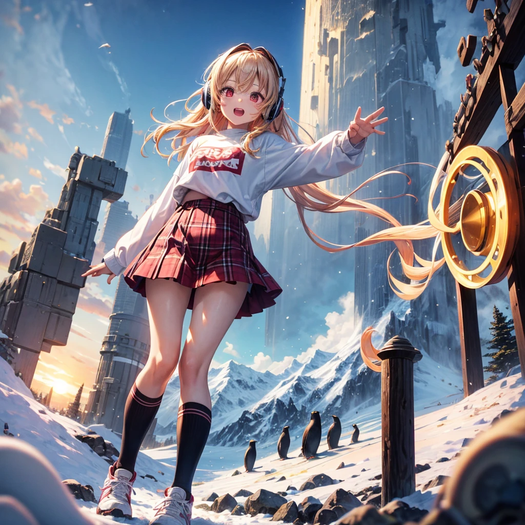 Pink gold golden hair、Red eyes、One good looking girl、solo、anime、Checkered mini skirt、The skirt has buttons、White T-shirt、Long sleeve、China、Black knee-high socks、Wearing headphones、Wearing a ribbon、Ribbon on waist、Tilting face、Teeth are visible、tunnel、Sunset sky、The rocks are exploding、Penguins are walking、Snow is piled up、Rocky Mountain、The clouds are breaking through