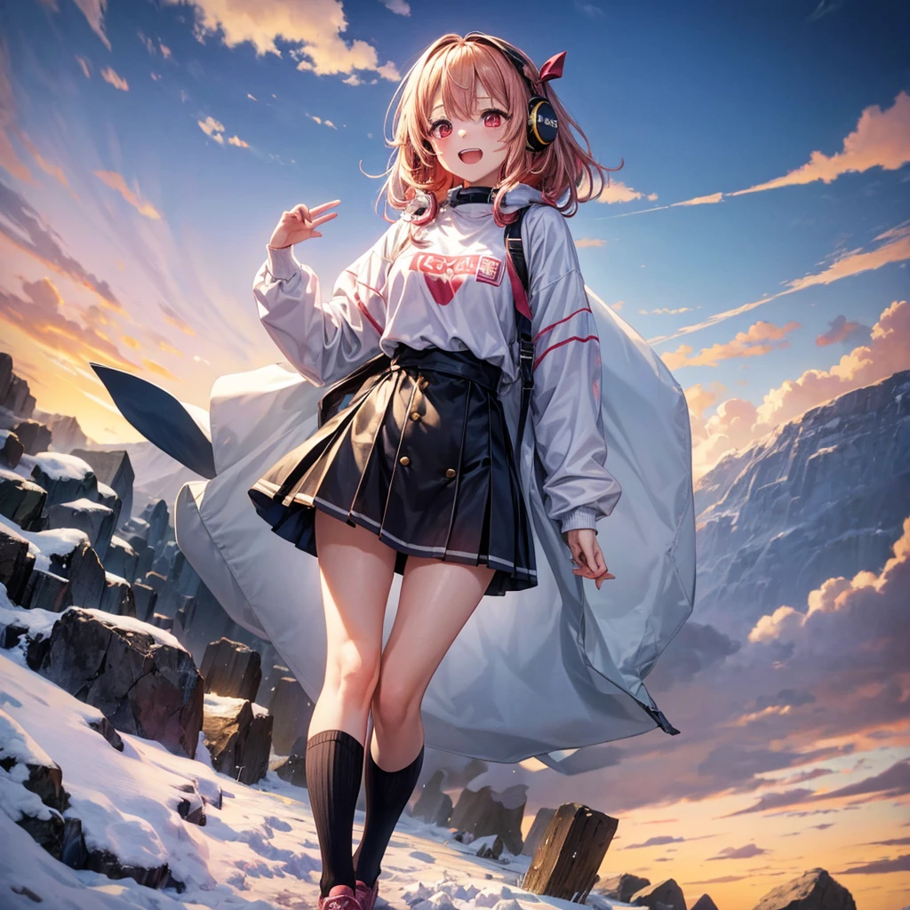 Pink gold golden hair、Red eyes、One good looking girl、solo、anime、Checkered mini skirt、The skirt has buttons、White T-shirt、Long sleeve、China、Black knee-high socks、Wearing headphones、Wearing a ribbon、Ribbon on waist、Tilting face、Teeth are visible、tunnel、Sunset sky、The rocks are exploding、Penguins are walking、Snow is piled up、Rocky Mountain、The clouds are breaking through