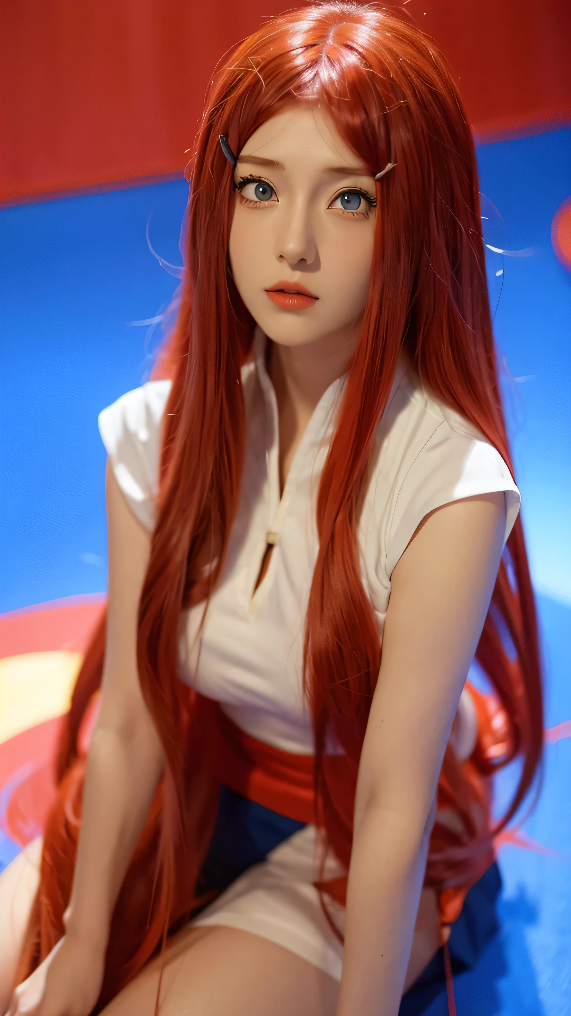 1girl, uzumaki kushina in anime noruto, long hair, red hair, blue eyes, beautifull, angry ,red hoodie , wearring necakle, indoor background, ultra detail, realistic, red lips, upper body realistic, perfect face, detailed face 