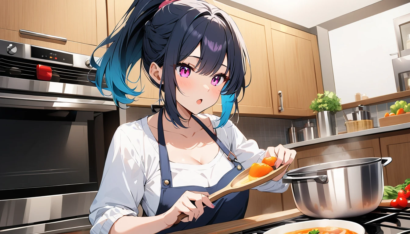 (best quality,4k,highres),((A girl with a and short hair, her hair is styled in a high ponytail)) . Her outer hair is dark blue and her inner hair is cyan. She has beautiful pink eyes and wears contact glasses. (kitchen activities, cooking in the kitchen)