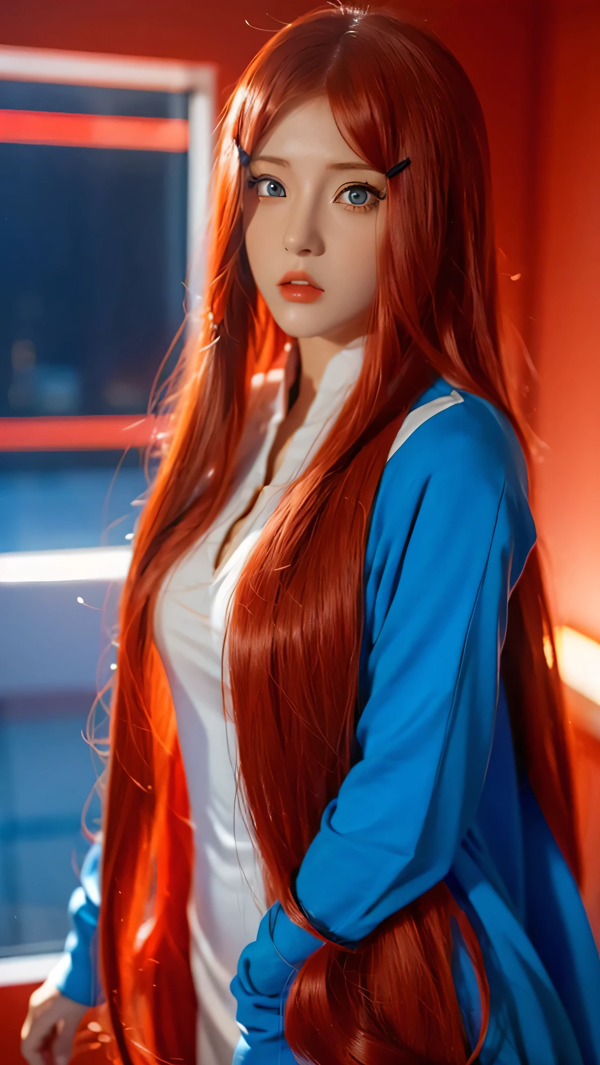 1girl, uzumaki kushina in anime noruto, long hair, red hair, blue eyes, beautifull, angry ,red hoodie , wearring necakle, indoor background, ultra detail, realistic, red lips, upper body realistic, perfect face, detailed face 