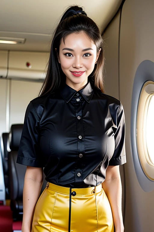 (Thai woman),(highponytail),(forehead),(Stewardess Uniform:1.5),(unbutton the chest:1.4),(short skirt),(enormous breasts:1.6),(slim waist:1.3),(smile:1.5),(inside an airplane in the background:1.3), (cowboy shot:1.4),8k, UHD,