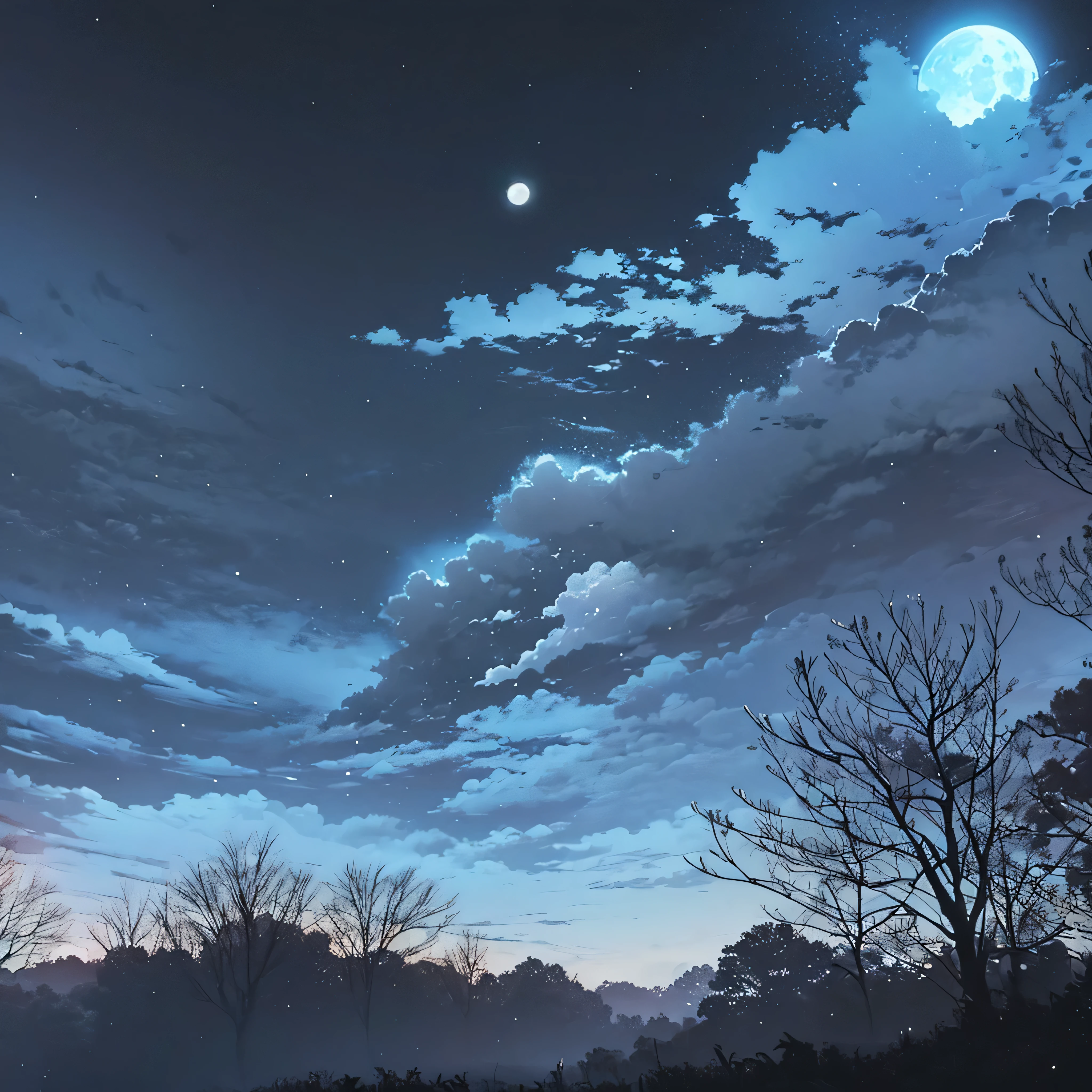 Night scenery, black sky, A bright moon in the sky ( sem pessoas) e uma floresta no fundo, ceu negro, anime scenery,  with ultra-realistic lines and details in high definition.