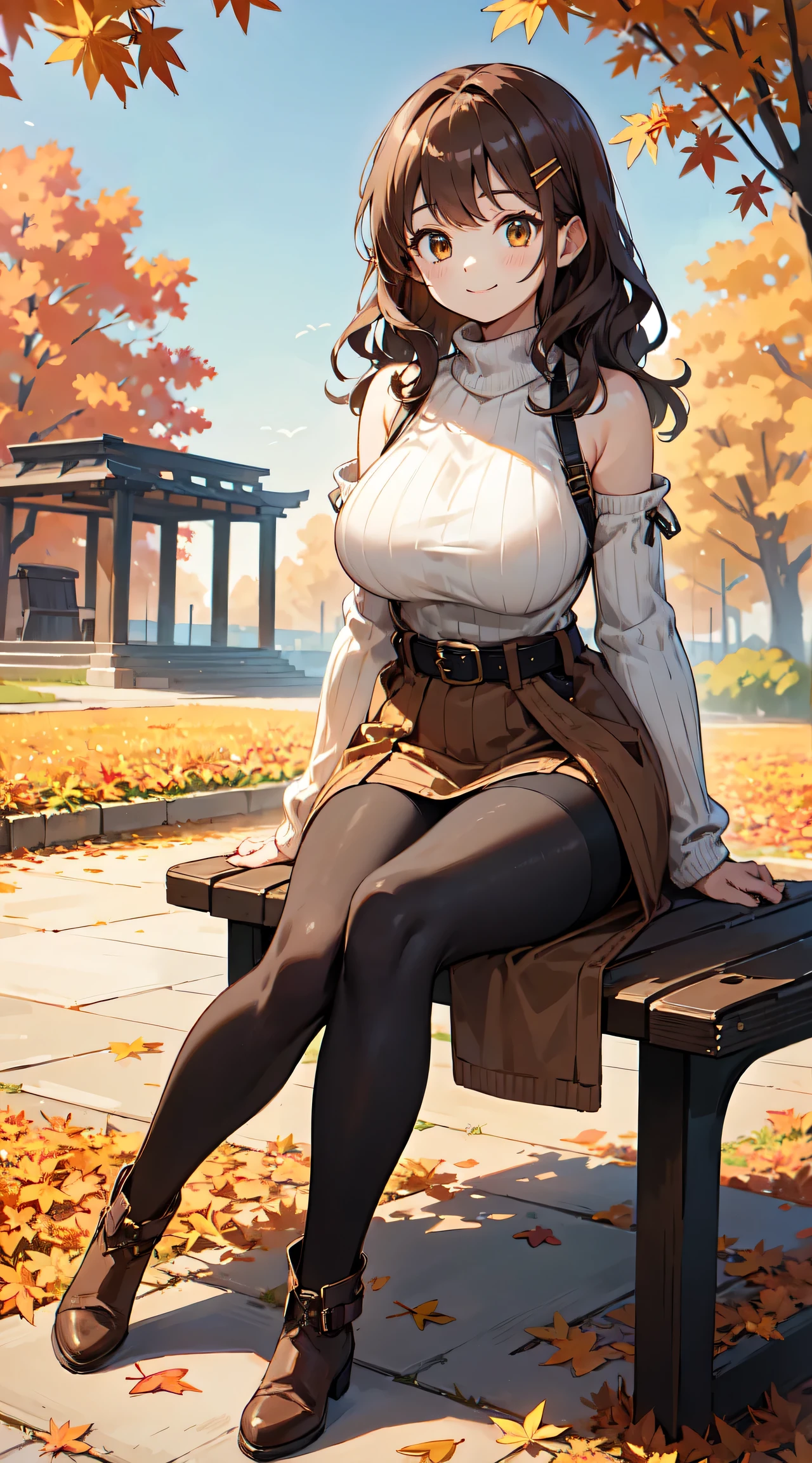 masterpiece,best quality,ultra detailed,8k,tall,big female,gigantic breasts,young,20 years old,medium hair,wavy hair,brown hair,hairclip,happy,smile,brown sweater,ribbed sweater,bare shoulders,detached sleeves,belt buckle,black tights,boots,strapless,fall leaves,park,autumn leaves,outdoors,full body,sitting on bench,