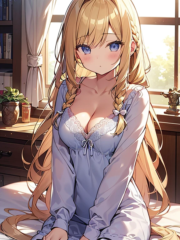 Tabletop, highest quality,figure, wallpaper, Super detailed, Absurd beauty、((1 beautiful girl、))、(Blonde、Long Hair、Braided hair、Wavy Hair、Being lazy、Lazy appearance、Showing cleavage)、My Room、Casual attire、Summer clothes、Loungewear、evening、Backlight、The window is open