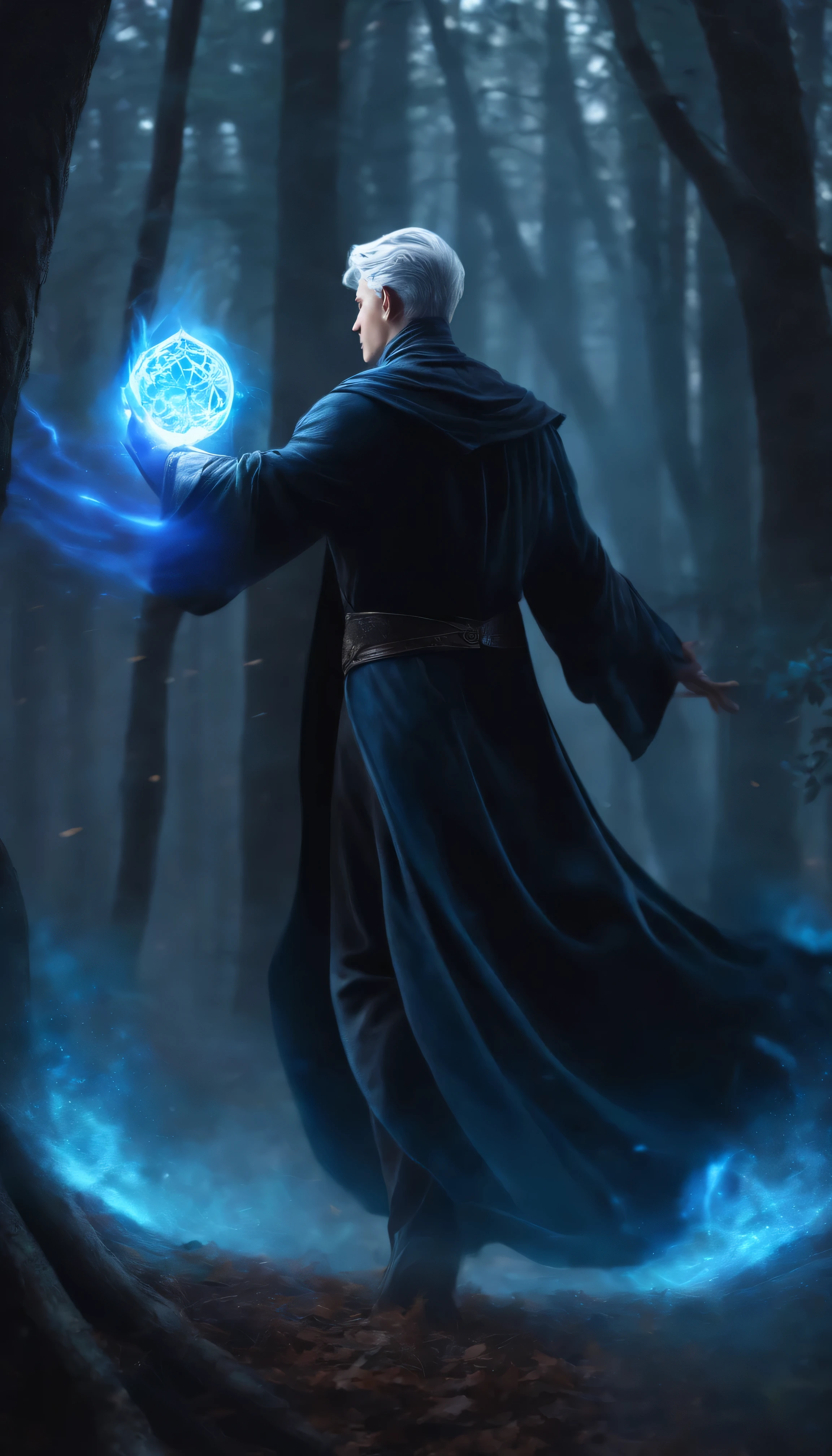 A young male wizard with black cloth with short grey hair from behind charging blue mana aura, in the forest background