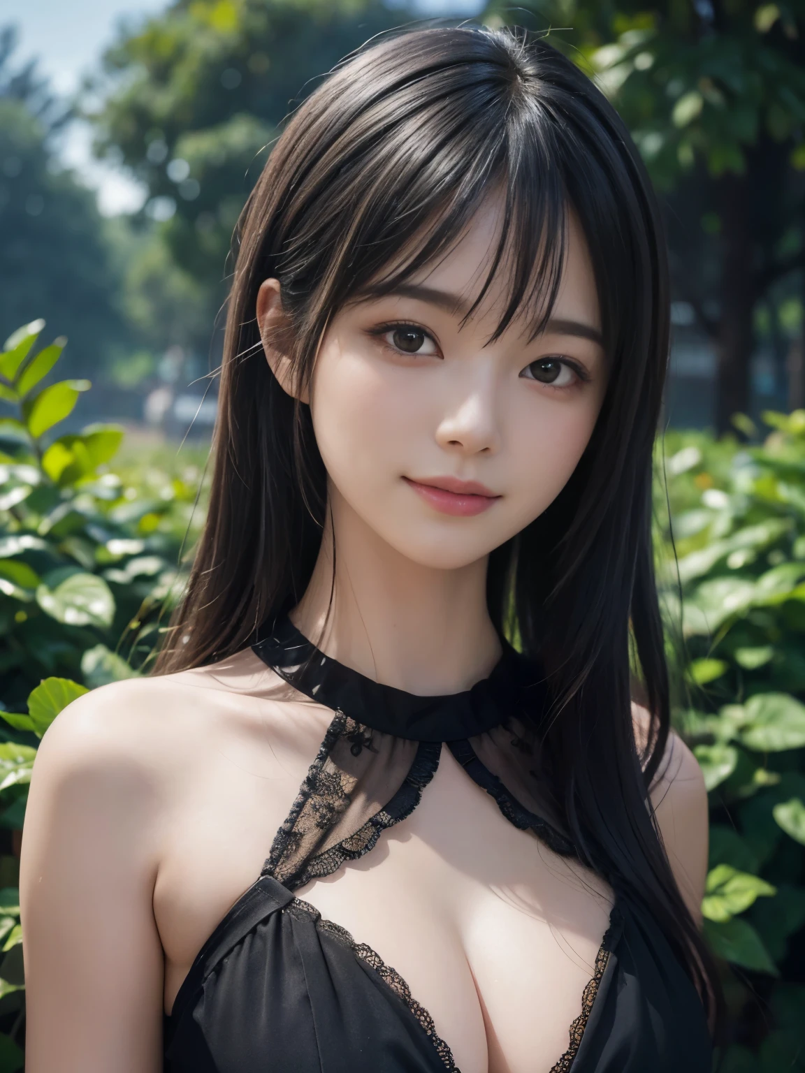 (ultra realistic) , (illustration), (increase resolution), (8K), (extremely detailed), (best illustration), (beautiful detailed eyes), (best quality), (ultra-detailed), (masterpiece), (wallpaper), (detailed face), solo,1 girl, looking at viewers, black straight hair, delicate details, in the dark, deep shadow, low key, pureerosfaceace_v1, happy smile, summer dress, full body, garden