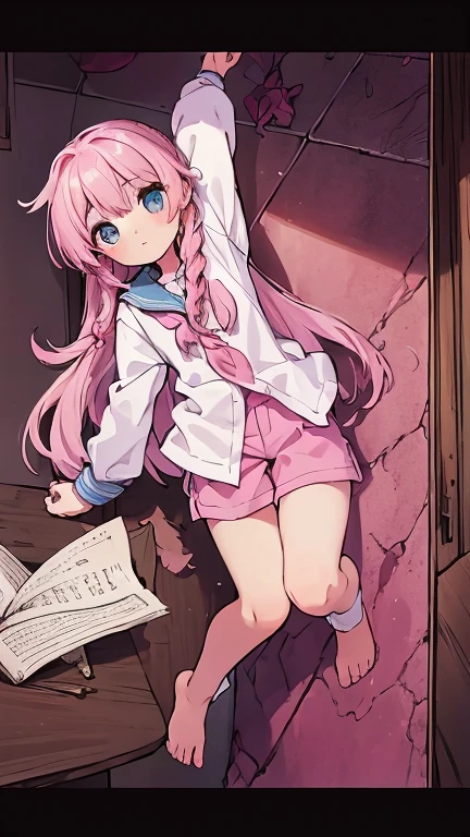 Beautiful illustrations, highest quality, (:1.4)、(pretty girl:1.5)、、Flat Chest、Sailor collar、(White long tunic)、Long sleeve sailor suit、Blue-line cuffs、(Pink Chino Shorts:1.7)、(Pink shorts with wide openings:1.6)、The gap between the thighs and the shorts、Thin thighs、White socks、 barefoot、Cinema Lighting, (Pink Long Hair)、Pink Straight Hair、Redness on the cheeks、(Braiding of the back of the head)