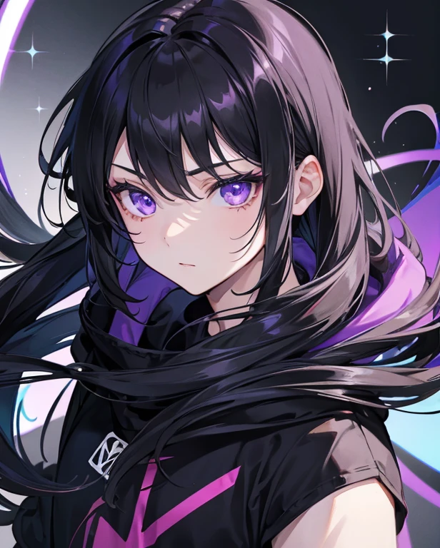 1boy, solo, black hair, long hair, violet eyes, bright eyes, beautiful eyes, casual clothing, stunning