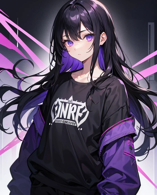1boy, solo, black hair, long hair, violet eyes, bright eyes, beautiful eyes, casual clothing, stunning