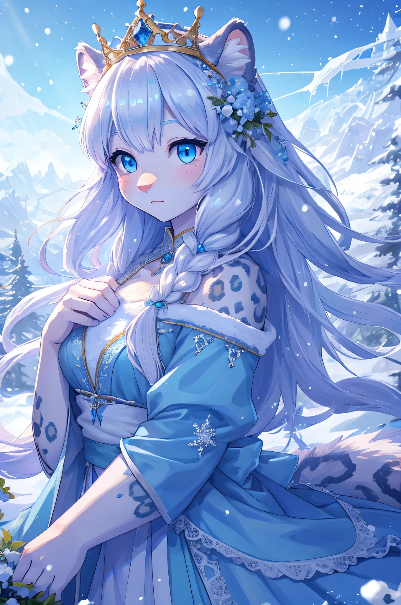 A female snow leopard，Wearing a princess-like crown on her head，Her eyes are，and long white hair。Behind her is a beautiful snow forest，Glaciers hanging in the sky。Light blue crystal flowers fell around her。