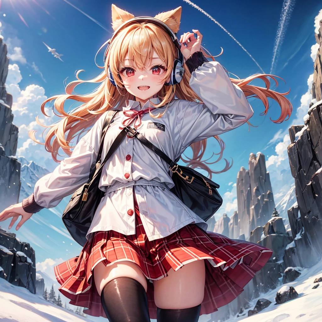 Pink gold golden hair、Red eyes、One good looking girl、solo、anime、Checkered mini skirt、The skirt has buttons、White T-shirt、Long sleeve、China、Black knee-high socks、Wearing headphones、Wearing a ribbon、Ribbon on waist、Tilting face、Teeth are visible、tunnel、Sunset sky、The rocks are exploding、Penguins are walking、Snow is piled up、Rocky Mountain、The clouds are breaking through、Contrail