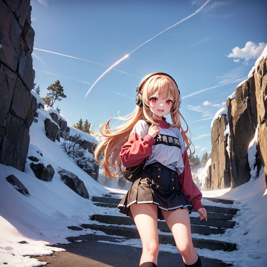 Pink gold golden hair、Red eyes、One good looking girl、solo、anime、Checkered mini skirt、The skirt has buttons、White T-shirt、Long sleeve、China、Black knee-high socks、Wearing headphones、Wearing a ribbon、Ribbon on waist、Tilting face、Teeth are visible、tunnel、Sunset sky、The rocks are exploding、Penguins are walking、Snow is piled up、Rocky Mountain、The clouds are breaking through、Contrail