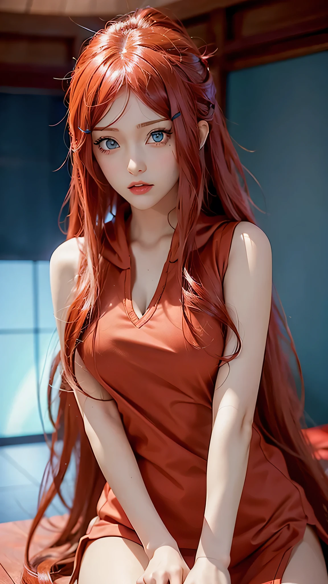 1girl, uzumaki kushina in anime noruto, long hair, red hair, blue eyes, beautifull, angry ,red hoodie , wearring necakle, indoor background, ultra detail, realistic, red lips, upper body realistic, perfect face, detailed face 