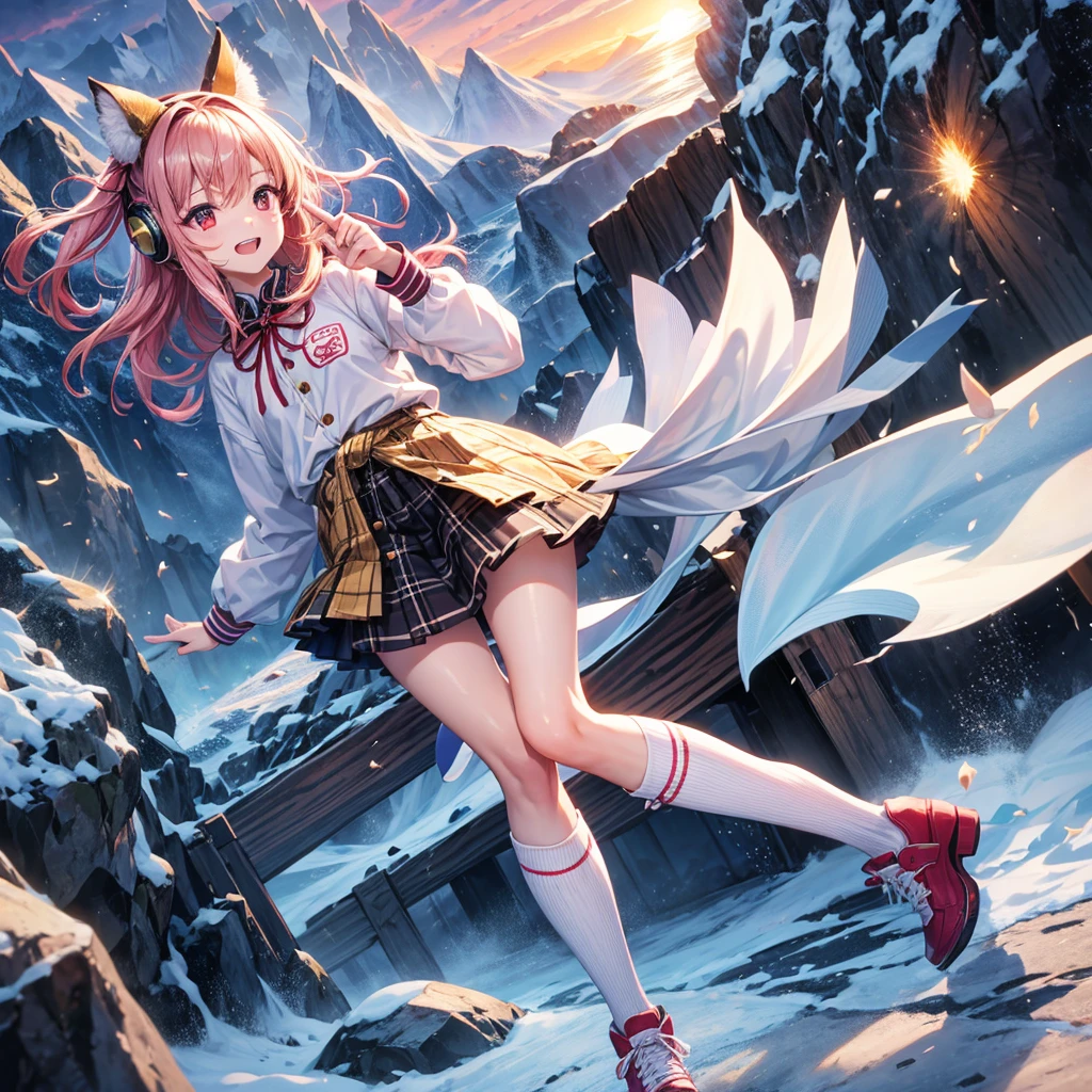 Pink gold golden hair、Red eyes、One good looking girl、solo、anime、Checkered mini skirt、The skirt has buttons、White T-shirt、Long sleeve、China、Black knee-high socks、Wearing headphones、Wearing a ribbon、Ribbon on waist、Tilting face、Teeth are visible、tunnel、Sunset sky、The rocks are exploding、Penguins are walking、Snow is piled up、Rocky Mountain、The clouds are breaking through、Contrail