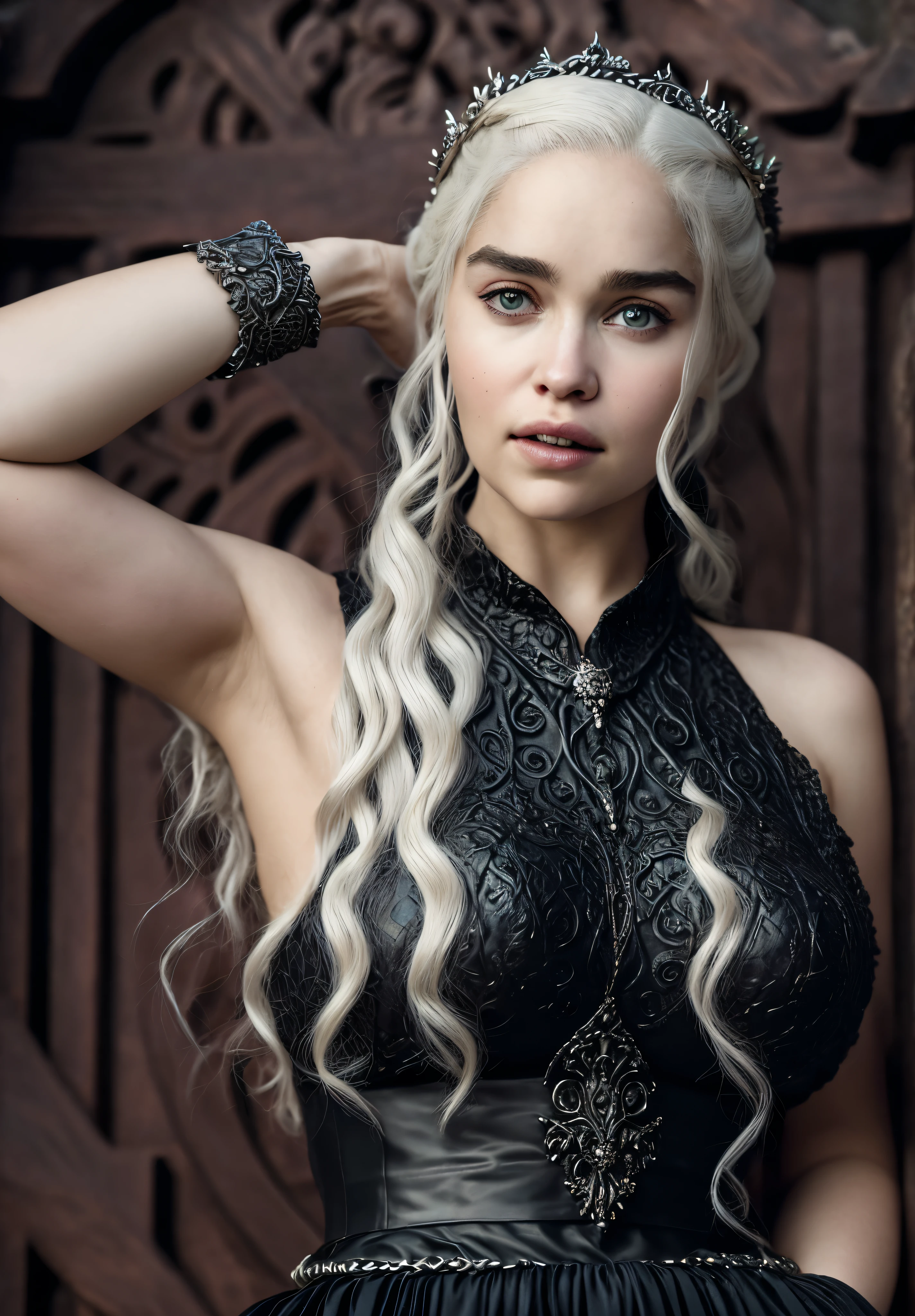Royal Satin dress, Perfect eyes, flawless Beauty, pierced eyes, Masterpiece, Daenerys Targaryen, Gorgeous woman, queen, Queen Lady, Princess of Dragonstone, black mole on breast, The Unburnt, Queen of Meereen, Queen of the Andals, the Rhoynar and the First Men (claimant), Protector of the Seven Kingdoms (claimant), Khaleesi of the Great Grass Sea, Breaker of Shackles, Mother of Dragons, The One Who Was Promised, Lady of Dragonstone , 45 years Old, she is a Full growned lady now, beautiful mature lady, the queen, milf beauty, mature queen, Best quality, a small, charming Beauty, a captivating woman, fully ripen milf body, lustful queen, alluring appearance, unrivaled beauty, wonderful breasts, large breasts, mediaeval erotic costumes, a Game of Thrones-inspired costume, a close-up of a woman from the middle ages, Daenerys Targaryen, Daenerys, resembles Emilia Clarke, Emilia Clarke, scene from "Game of Throne," deep cleavage, warrior princess, healthy body, perfect thick body, attractive figure, fleshy body, style of "Game of Throne," beautiful lady, beautiful woman, mediaeval clothes, stunning woman, 8K, insane details, dress made of clothes and jewelry, perfect hair, styled hair, high clarity eyes, perfect hands, perfect fingers, perfect eyes, skin pores, stunning beauty, beautymarks on her breast, beautymarks on her breast gives her more charm, black moles, insane skin texture, high quality skin, skin pores, beautiful styled hair,