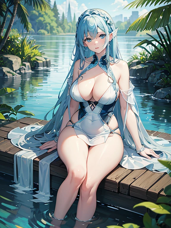 portrait of a water nymph with pale blue skin, blue water hair, blue eyes, ??????????????, curvy body, thick thighs, white silk dress, sitting near a pond