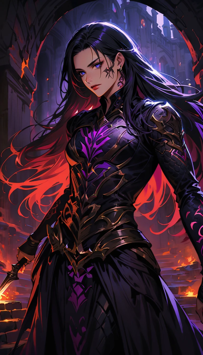 a detailed portrait of a male assassin in a dark fantasy setting, with long flowing hair in shades of black and purple, Tattood on the face, piercing blue eyes that emanate a sense of danger [detailed eyes, piercing blue:1.1], wearing a sleek black leather outfit [black leather outfit], adorned with intricate tattoos all over her body [intricate tattoos:1.1], including dragon scales on her arms [dragon scale tattoos] and an elaborate skull design on her back [skull tattoo:1.1]. he stands in a dimly lit underground chamber [dimly lit underground chamber], holding a (curved dagger), The scene is illuminated with flickering torches [flickering torches], casting shadows and enhancing the suspenseful atmosphere. The color palette is predominantly dark and moody, with hints of red and purple accents [dark and moody color palette, red and purple accents], creating a sense of mystery and danger. The lighting emphasizes the sharp edges and intricate details of the assassin's attire and tattoos, adding depth and texture to the overall composition [emphasis on sharp edges, intricate details]. The image is of the highest quality, with extreme attention to detail [best quality, extreme attention to detail:1.2], showcasing the artist's technical expertise and mastery of light and shadow. The art style is realistic yet with a touch of fantasy, capturing the essence of the dark and intriguing world of Dungeons & Dragons [realistic art style with a touch of fantasy].