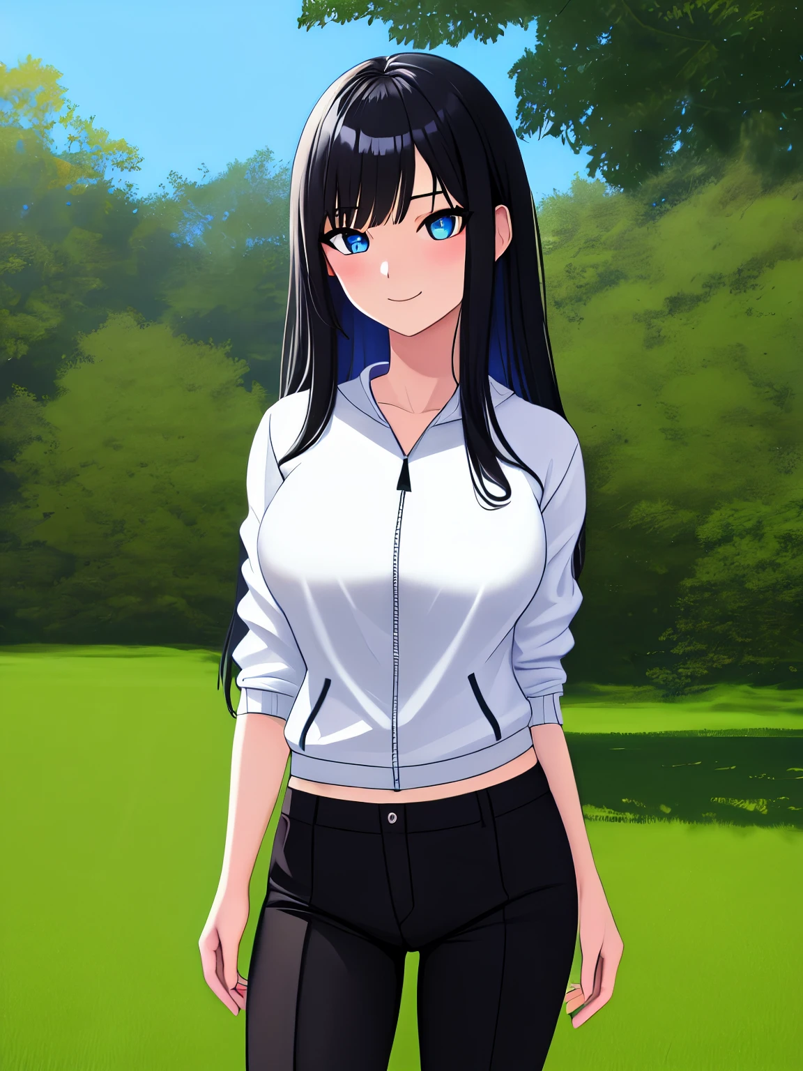 Best_quality, masterpiece, highres, detailed, detailed_background, ray_tracing_graphic, solo, adult_female, black_hair, long_hair, detailed_blue_eyes, 1girl, anime_coloring, detailed_face, sosiopath_face, smile, five_fingers, medium_breasts, white_windbreaker, black_trousers, from_the_front, stand, in_the_grass, day_time, looking_at_viewer, oily_skin, detailed_skin, detailed_texture