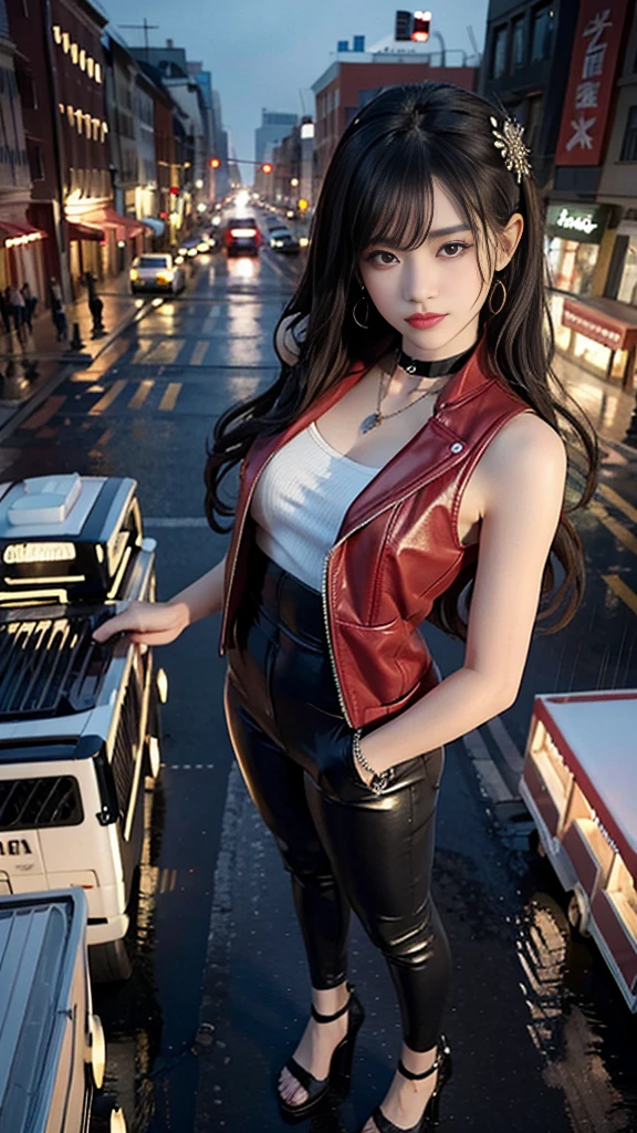 (32k, High resolution, highest quality, masterpiece, 超High resolution), (((Giantess Elements, Typhoon heavy rain))), From above, Perfect dynamic composition:1.2, ((night, In a small metropolis just at foot height)), (Expressions of sadness:0.7), Highly detailed skin and facial textures:1.2, (Holding a sword, Towering Giant Young Woman:1.0, taller than a skyscraper:1.0, 400,000 feet high:1.5, Incredibly slim body:1.0), Fair skin, Sexy beauty, Very beautiful face, Water droplets on the skin, (The rain drips down on my body:0.5, Wet body:0.5, Wet Hair:0.5), ((Red Leather Jacket:1.0, Tight black leather pants:1.0)), Shapely breasts, Chest gap, Big eyes that exude beautiful eroticism, Lips that exude beautiful eroticism, necklace, Earrings, bracelet, wedding ring, Shoulder bag, clock, ribbon, High heels, Full body portrait, (Destroy a small city, Burning Small Town, rubble, Destroyed small building, Collapsed highway, Evacuated Residents), ((Major impact, Emphasizing the majesty and power of giants, Increase the destructive element, Lower the building, Making cities smaller))