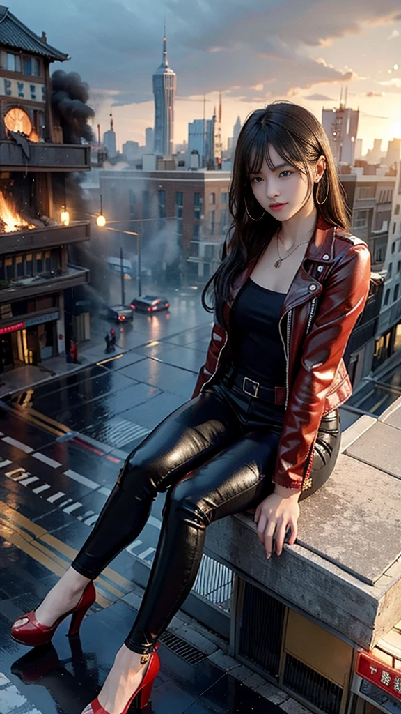 (32k, High resolution, highest quality, masterpiece, 超High resolution), (((Giantess Elements, Typhoon heavy rain))), From above, Perfect dynamic composition:1.2, ((night, In a small metropolis just at foot height)), (Expressions of sadness:0.7), Highly detailed skin and facial textures:1.2, (Holding a sword, Towering Giant Young Woman:1.0, taller than a skyscraper:1.0, 400,000 feet high:1.5, Incredibly slim body:1.0), Fair skin, Sexy beauty, Very beautiful face, Water droplets on the skin, (The rain drips down on my body:0.5, Wet body:0.5, Wet Hair:0.5), ((Red Leather Jacket:1.0, Tight black leather pants:1.0)), Shapely breasts, Chest gap, Big eyes that exude beautiful eroticism, Lips that exude beautiful eroticism, necklace, Earrings, bracelet, wedding ring, Shoulder bag, clock, ribbon, High heels, Full body portrait, (Destroy a small city, Burning Small Town, rubble, Destroyed small building, Collapsed highway, Evacuated Residents), ((Major impact, Emphasizing the majesty and power of giants, Increase the destructive element, Lower the building, Making cities smaller))