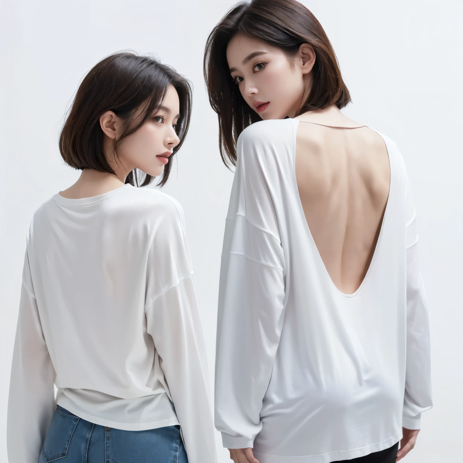 (highest quality、8k、32k、Masterpiece、UHD、:1.2)、(A long-sleeved T-shirt with an open back)、(The skin on your back is visible)、)Woman posing for a photo, Back view, thick, takes,Back from Tone, Differences in shape tones, Bob Hair、Japanese women、White background、Top view