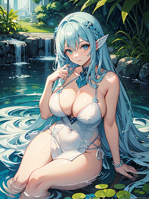 portrait of a water nymph with blue skin, blue water hair, blue eyes, , curvy body, thick thighs, white silk dress, sitting near a pond