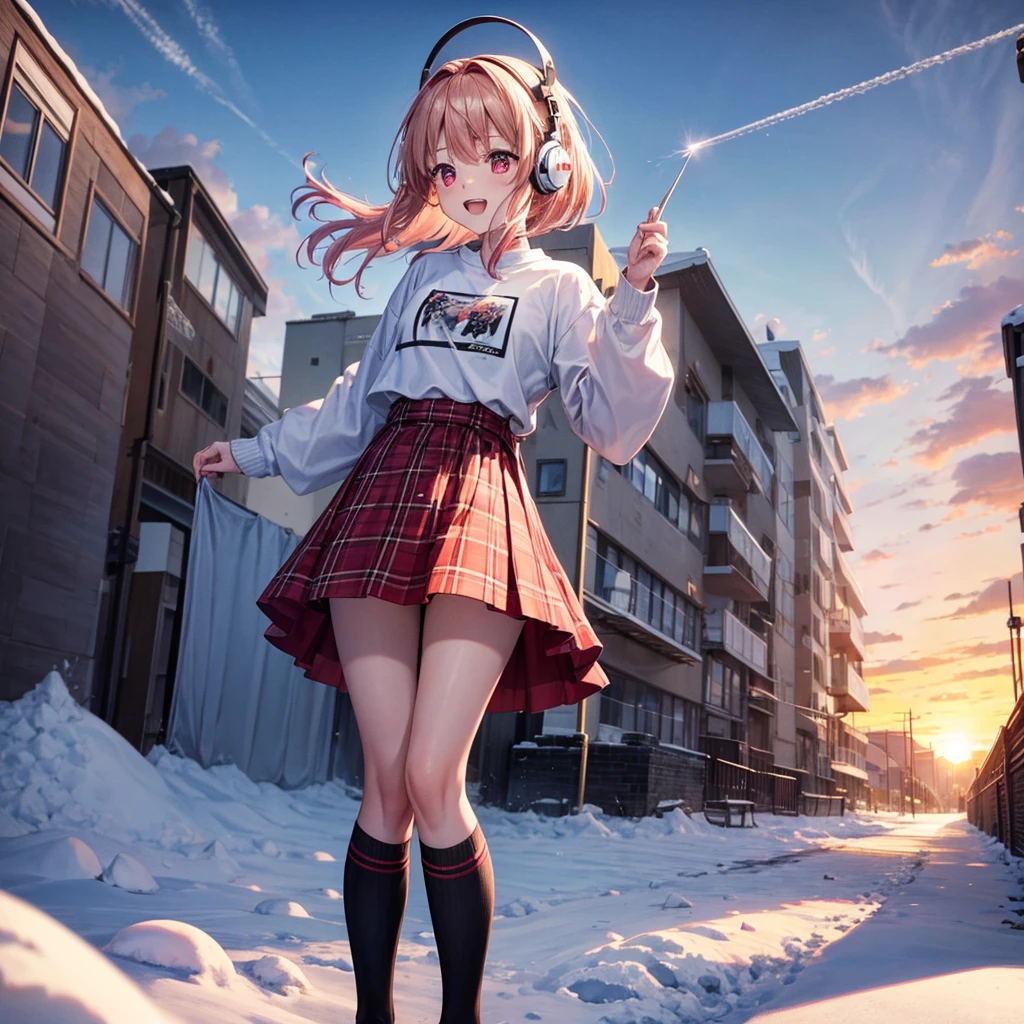 Pink gold golden hair、Red eyes、One good looking girl、solo、anime、Checkered mini skirt、The skirt has buttons、White T-shirt、Long sleeve、China、Black knee-high socks、Wearing headphones、Wearing a ribbon、Ribbon on waist、Tilting face、Teeth are visible、tunnel、Sunset sky、The rocks are exploding、Penguins are walking、Snow is piled up、Rocky Mountain、The clouds are breaking through、Contrail