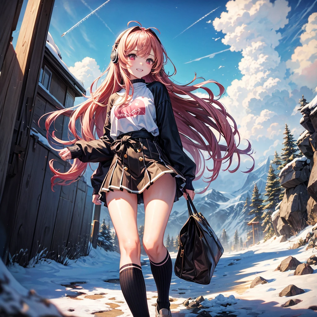 Pink gold golden hair、Red eyes、One good looking girl、solo、anime、Checkered mini skirt、The skirt has buttons、White T-shirt、Long sleeve、China、Black knee-high socks、Wearing headphones、Wearing a ribbon、Ribbon on waist、Tilting face、Teeth are visible、tunnel、Sunset sky、The rocks are exploding、Penguins are walking、Snow is piled up、Rocky Mountain、The clouds are breaking through、Contrail