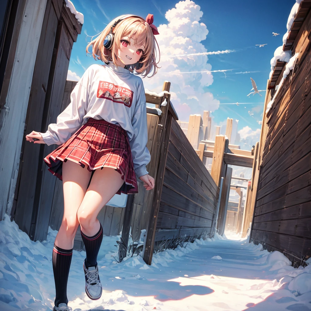 Pink gold golden hair、Red eyes、One good looking girl、solo、anime、Checkered mini skirt、The skirt has buttons、White T-shirt、Long sleeve、China、Black knee-high socks、Wearing headphones、Wearing a ribbon、Ribbon on waist、Tilting face、Teeth are visible、tunnel、Sunset sky、The rocks are exploding、Penguins are walking、Snow is piled up、Rocky Mountain、The clouds are breaking through、Contrail