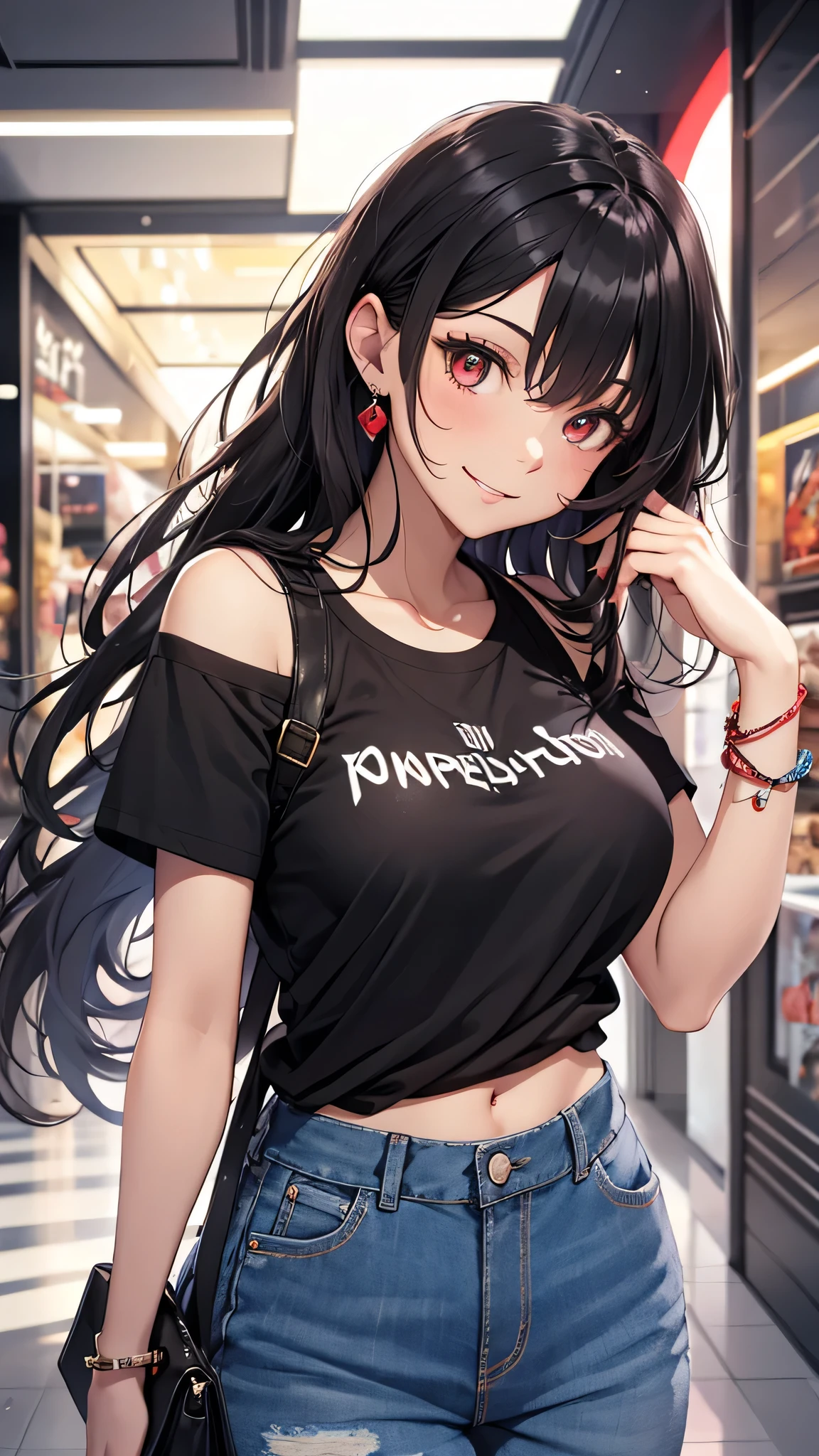 最high quality、Best image quality、masterpiece、girl((18-year-old、 By becoming、Best Bust、Medium Bust,Wide open breast tea、Red glowing eyes,Black Hair、Red Mesh、Disheveled Hair、Lointail、thin,The highest valley、Open chest、Luminous Wristbands、hair ornaments、Show the whole body,Black short sleeve T-shirt、Wear a shoulder bag、Short denim trousers、Leaning forward、smile、Disheveled,Selfish pose、Pouting,No bra)),high quality、Beautiful art、background((Large shopping malls))、Flight、Flying debris、Written boundary depth、movie、Visual Arts、Perfect art、8K,Genuine,