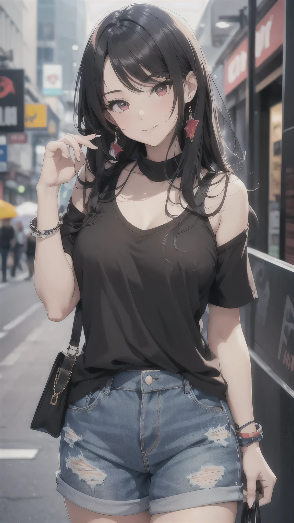 最high quality、Best image quality、masterpiece、girl((18-year-old、 By becoming、Best Bust、Medium Bust,Wide open breast tea、Red glowing eyes,Black Hair、Red Mesh、Disheveled Hair、Lointail、thin,The highest valley、Open chest、Luminous Wristbands、hair ornaments、Show the whole body,Black short sleeve T-shirt、Wear a shoulder bag、Short denim trousers、Leaning forward、smile、Disheveled,Selfish pose、Pouting,No bra)),high quality、Beautiful art、background((Large shopping malls))、Flight、Flying debris、Written boundary depth、movie、Visual Arts、Perfect art、8K,Genuine,