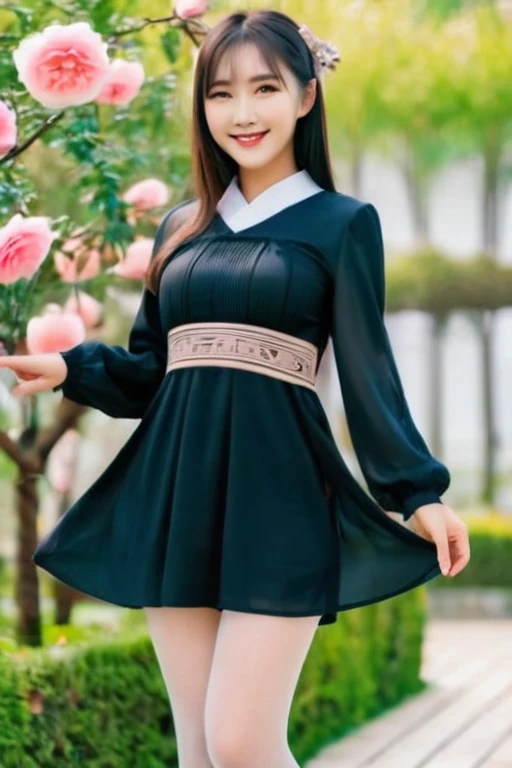 ((32k，super highest quality，Ultra-high resolution，masterpiece，Realistic，Realistic，Very detailed))，Young, adorable and cute 16 year old〜20 year old girl，(Seamless Ultra-thin All-through Pantyhose，Ultra-thin seamless pantyhose, sexy, all-through, beautiful legs, tights, stockings, sheer, pantyhose, ladies))，Full body photo，Full body angle，Esbian all over，Baby Face，single eyelid，Long legs，Thin legs，Thin thighs，Beautiful hands and feet，chest，Cute smile，Adorable smile，nice smile，Rose garden in the background，Long Straight Hair，Iris，Black Hair，A cute and beautiful Japanese girl who still retains her youthful charm，A body that still retains a youthful look，Slim waist，((Modern Chinese ethnic clothing for women，Short Chinese dress，Sexy Chinese Dresini Chinese Dress，Chinese Dress Sexy Lolita Dress))