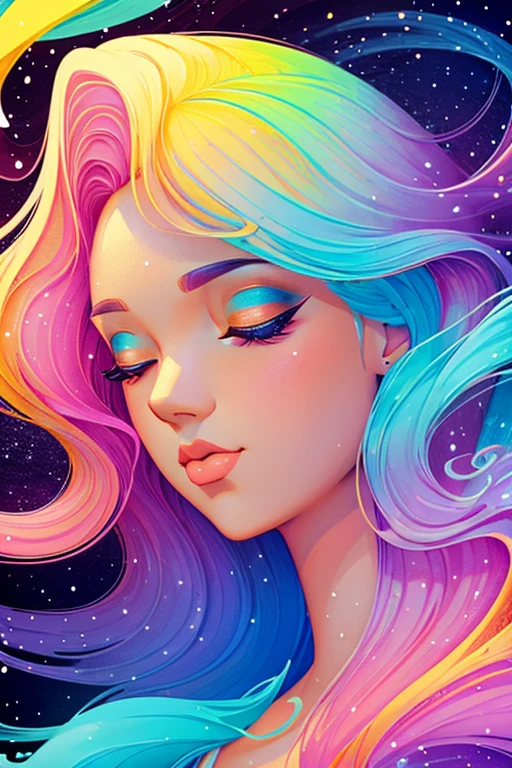 soft pastel colors, cartoon style illustration of a woman as she sees the world while experiencing hallucinations, stoned, splash art, splashed pastel colors, (soft iridiscent glowy smoke) motion effects, best quality, wallpaper art, UHD, centered image, MSchiffer art, ((flat colors)), (cel-shading style) very vibrant neon colors, ((low saturation)) ink lines, iridiscent,