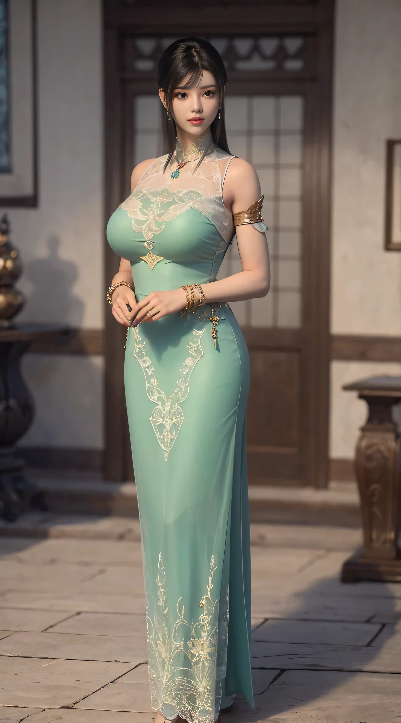 ultra realistic 8k cg, flawless, clean, masterpiece, professional artwork, famous artwork, cinematic lighting, cinematic bloom, perfect face, beautiful face, fantasy, dreamlike, unreal engine 5, science fiction, lace, lace trim, lace-trimmed legwear, luxury, jewelry, diamond, gold, pearl, gem, sapphire, ruby, emerald, intricate detail, delicate pattern, charming, alluring, seductive, erotic, enchanting, (front bangs hair:1.5), hair ornament, necklace, earrings, bracelet, armlet, autumn.
((,1girl, pov,best quality,)) ,((((,1girl, solo, huge fake breasts:1.5, goddess green dress, full body, looking at viewer, standing))))