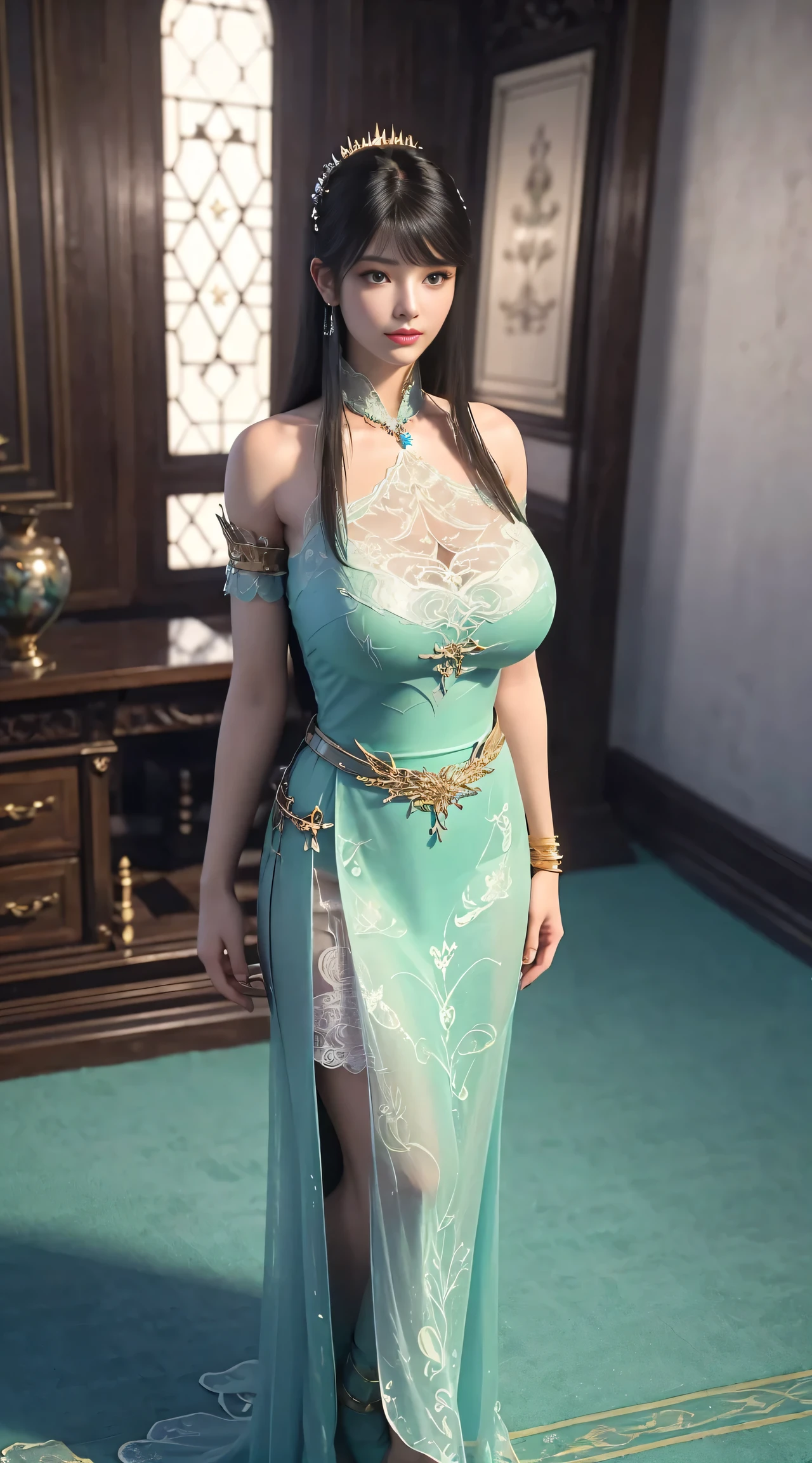 ultra realistic 8k cg, flawless, clean, masterpiece, professional artwork, famous artwork, cinematic lighting, cinematic bloom, perfect face, beautiful face, fantasy, dreamlike, unreal engine 5, science fiction, lace, lace trim, lace-trimmed legwear, luxury, jewelry, diamond, gold, pearl, gem, sapphire, ruby, emerald, intricate detail, delicate pattern, charming, alluring, seductive, erotic, enchanting, (front bangs hair:1.5), hair ornament, necklace, earrings, bracelet, armlet, autumn.
((,1girl, pov,best quality,)) ,((((,1girl, solo, huge fake breasts:1.5, goddess green dress, full body, looking at viewer, standing))))