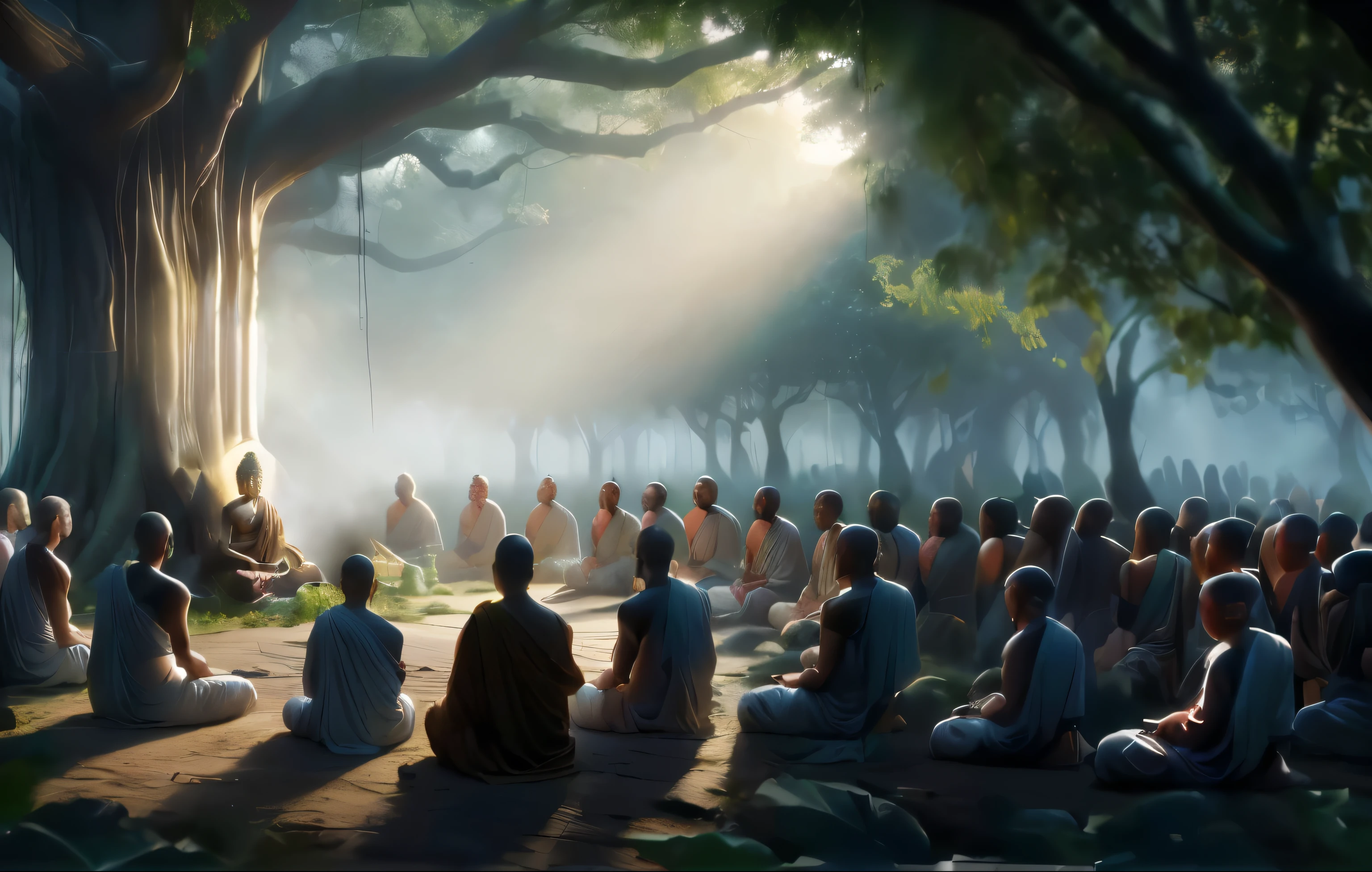 (Masterpiece:1.1), High Resolution (best quality,4k,8k,highres,masterpiece:1.2),ultra-detailed,(realistic,photorealistic,photo-realistic:1.37) (Photorealistic) create a realistic photography real Buddha speech,Worshiping crowds, original buddhist, Buddha meditation under Bodhi tree, Indian monks
